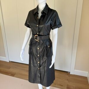 Zara Black Faux Leather Belted Snap Button Trench Dress with Belt